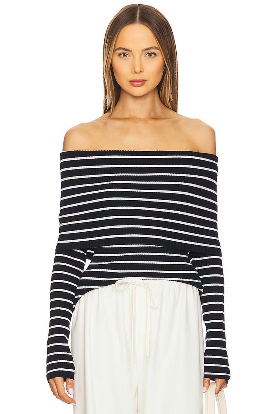 A.L.C. Evelyn Off The Shoulder Merino Wool Sweater Midnight White XS NWT Elevate